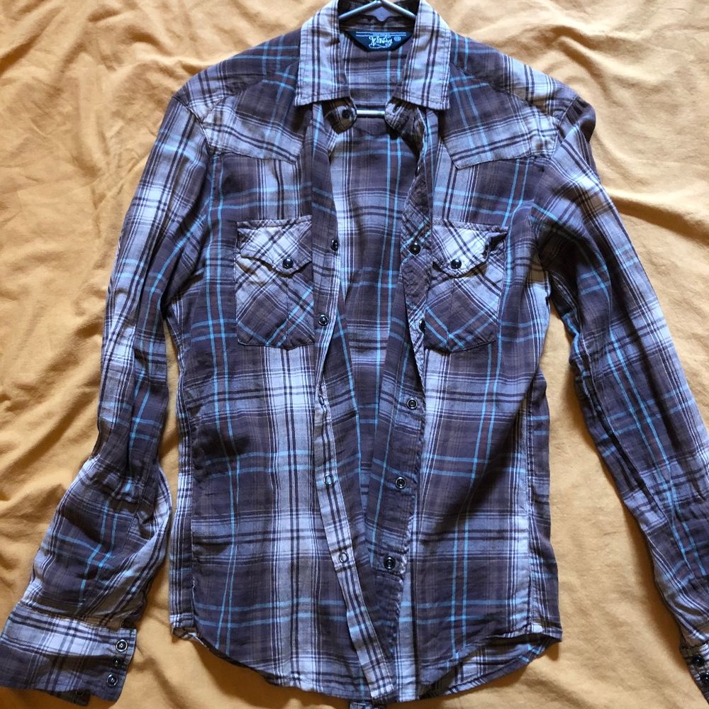 Salt Valley Western Shirt, Brown and Blue Plaid